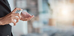 Hand sanitizer, hygiene and hands of woman with cleaning, disinfectant from germs and bacteria with health. Mockup space, closeup and clean, covid and healthcare compliance, female at work with spray