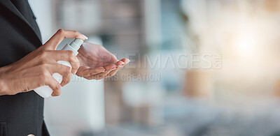 Buy stock photo Hand sanitizer, hygiene and hands of woman with cleaning, disinfectant from germs and bacteria with health. Mockup space, closeup and clean, covid and healthcare compliance, female at work with spray