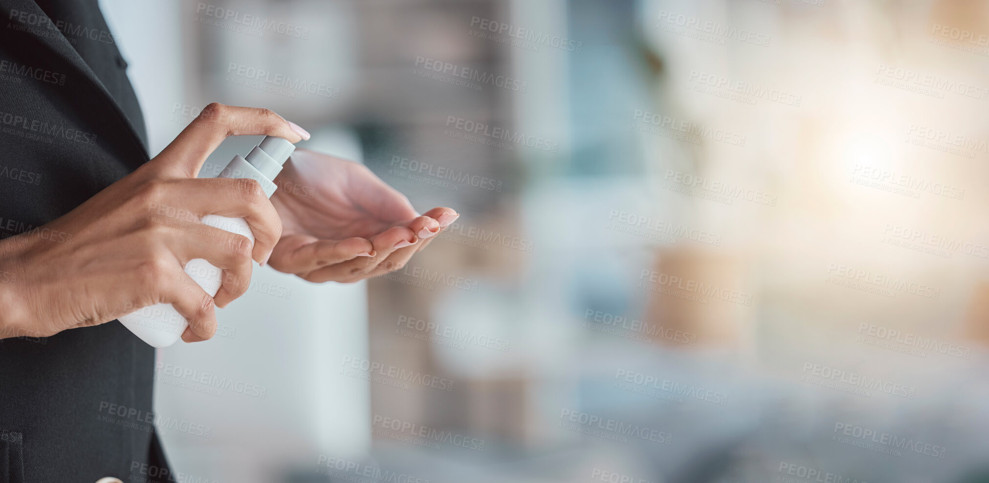 Buy stock photo Hand sanitizer, hygiene and hands of woman with cleaning, disinfectant from germs and bacteria with health. Mockup space, closeup and clean, covid and healthcare compliance, female at work with spray