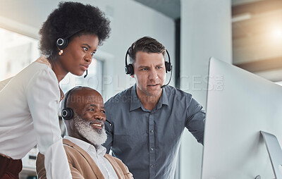 Buy stock photo Help, call center and team for telemarketing, talking and collaboration for system update, crm company and process. Staff, employees and consultants in office, customer service and technical support