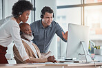 Telemarketing, team and employees talking, advice and customer service with group, new process and system. Staff, agents or consultants in workplace, discussion or corporate training for tech support