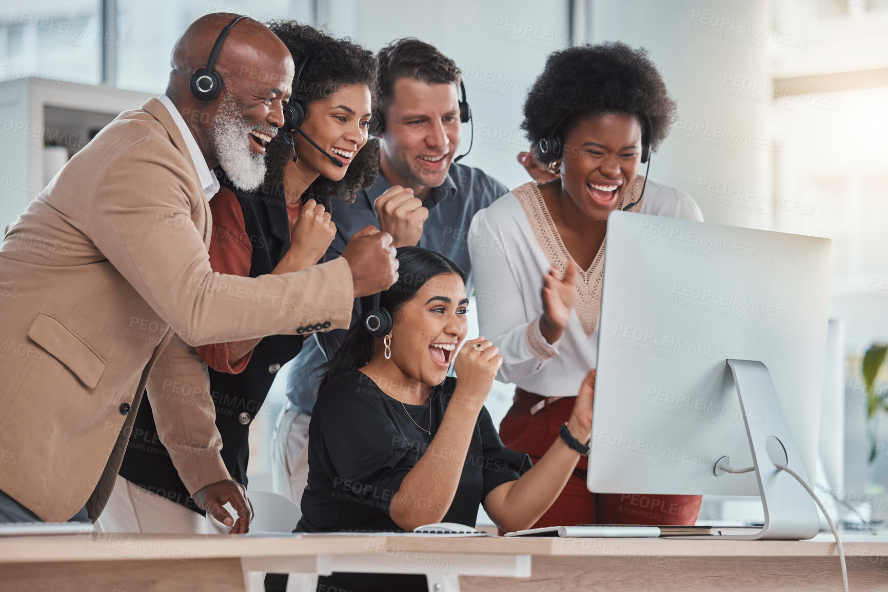 Buy stock photo Team goals, excited or people call center with success in celebration for target, winning bonus or achievements. happy group of consultants, sales agents or friends with support, motivation or pride