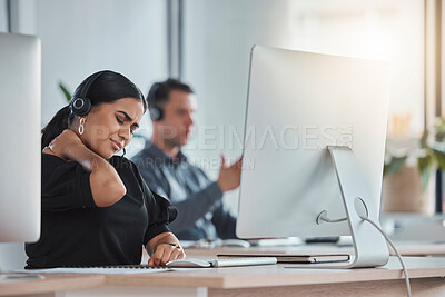 Buy stock photo Neck pain, call center and burnout with woman in office for communication, consulting and customer service. Stress, headache and tired with employee at computer for hotline, help desk and advisory