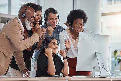 Buy stock photo Team goals, happy people or call center with success in celebration for target, winning bonus or achievements. Excited group of consultants, sales agents or friends with support, motivation or pride