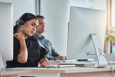 Buy stock photo Neck pain, call center and stress with woman in office for communication, consulting and customer service. Burnout, body ache and tired with employee at computer for hotline, help desk and advisory