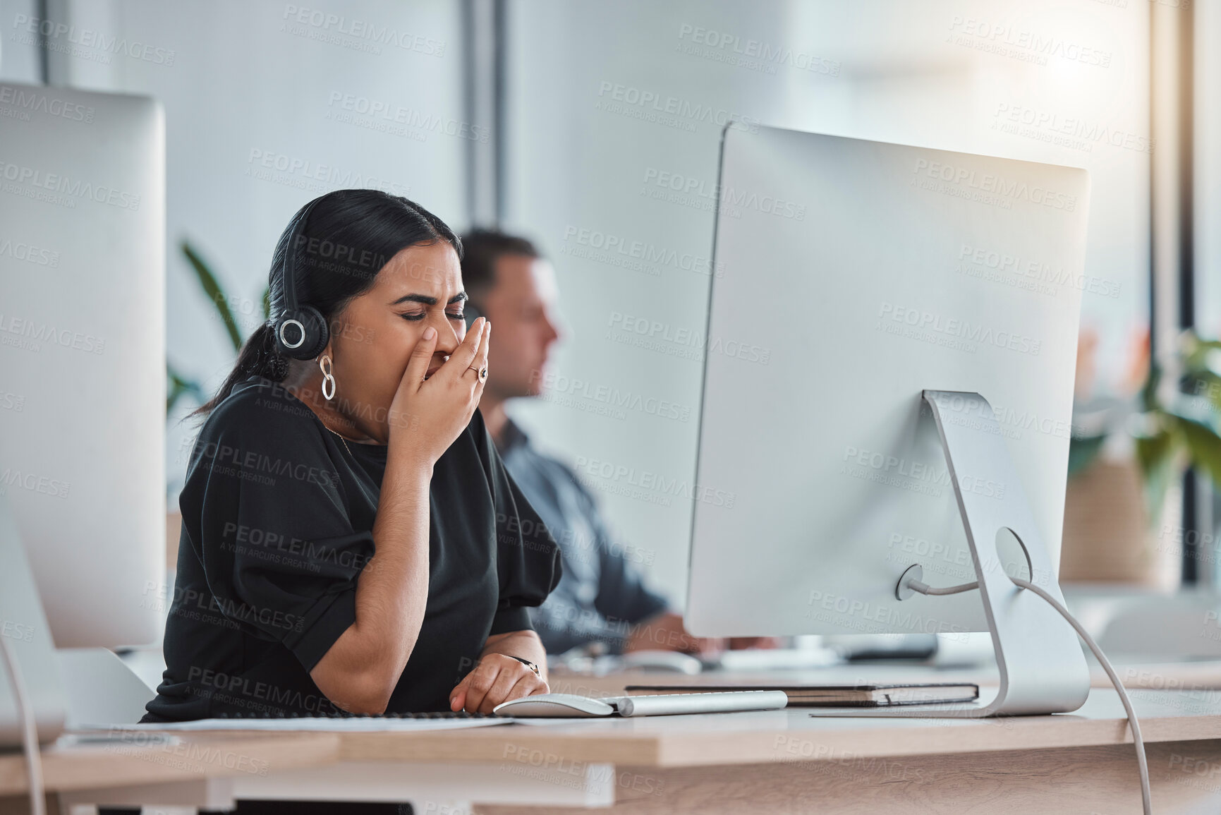 Buy stock photo Crm, yawn and business woman in a call center office on a web help consultation. Telemarketing, customer support and employee feeling tired, fatigue and burnout from consultant job and networking