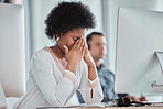 Headache, eye strain and call center with black woman in office for stress, depression and mental health. Contact us, consulting and customer support with employee suffering with migraine and fatigue 