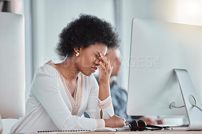 Buy stock photo Tired, headache and woman on computer in office workspace with job depression, burnout and mental health risk. Business person working on desktop with workplace noise and stress, fatigue or migraine