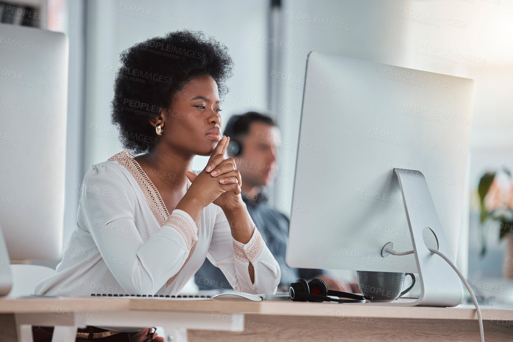 Buy stock photo Thinking, focus or black woman on computer in office for online project, proposal or planning digital ideas. Concentration or thoughtful worker working on pc for internet, network or website research