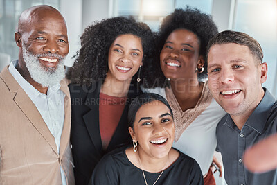 Buy stock photo Company selfie, diversity and team building with a about us profile picture in a office. Happiness, teamwork and business motivation portrait of a media research group with a smile from collaboration