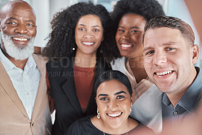 Buy stock photo Company selfie, diversity and team building with about us profile picture in office. Happiness, teamwork and business motivation portrait of media friends group with happy smile from collaboration