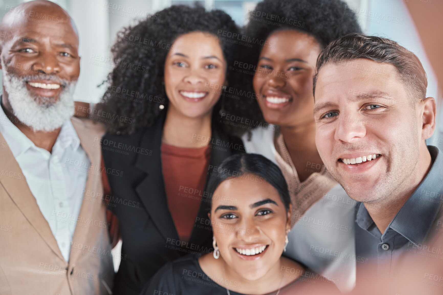 Buy stock photo Company selfie, diversity and team building with about us profile picture in office. Happiness, teamwork and business motivation portrait of media friends group with happy smile from collaboration