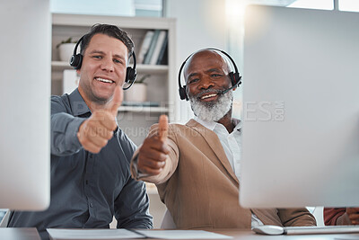 Buy stock photo Diversity, thumbs up portrait success at call center with online consulting in communications office. Yes agreement, friends or consultants with happy smile or like sign in customer services company