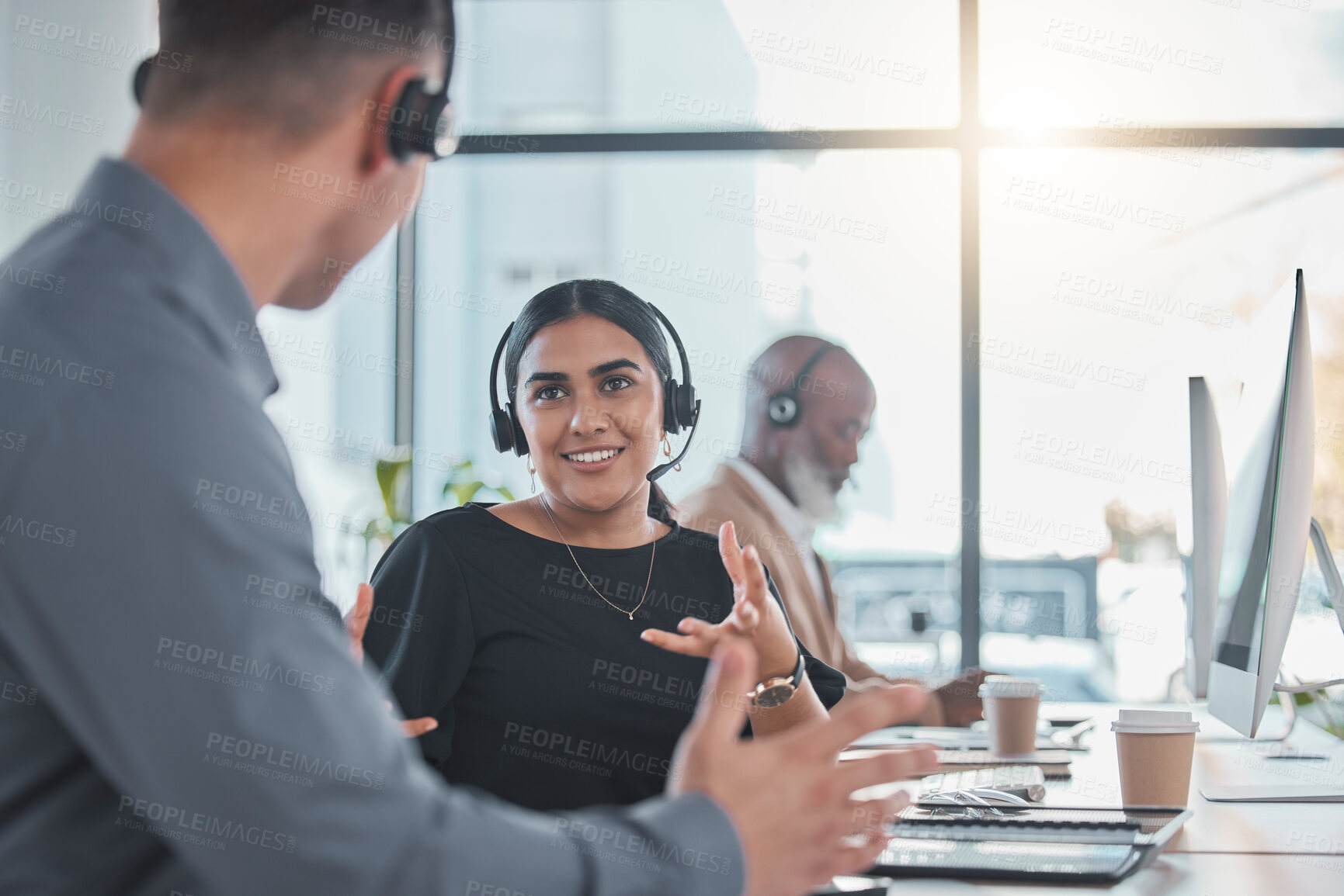 Buy stock photo Telemarketing, teamwork or people  in call center talking in communications company workplace together. Crm customer services, help desk or happy sales agents, consultants or friends chat in office