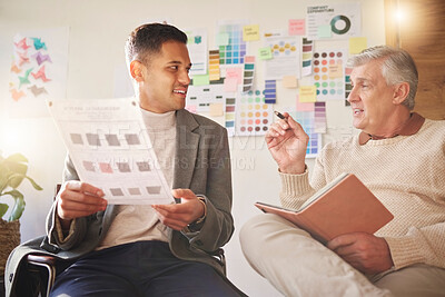 Buy stock photo Meeting, documents or collaboration with a business man and mentor planning in the office together. Teamwork, notebook or strategy with male employee and manager working on a company project