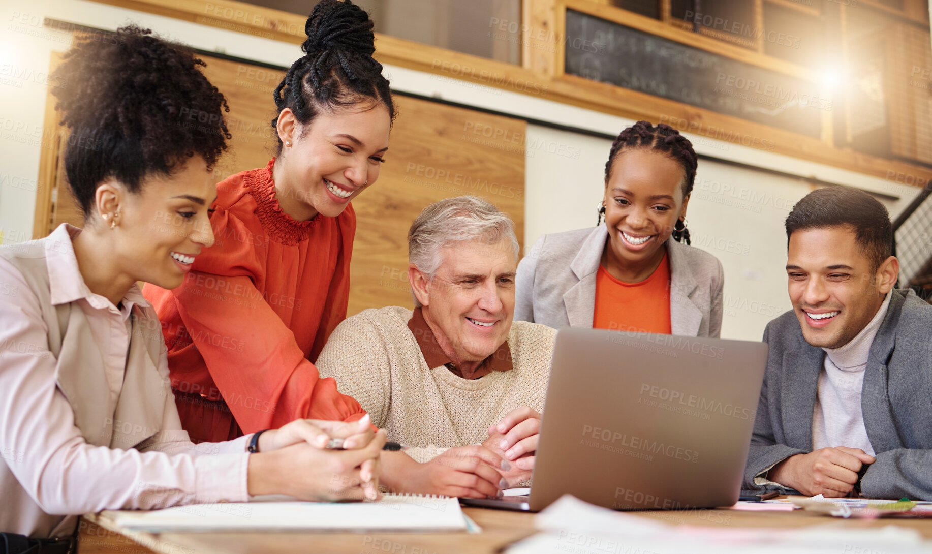 Buy stock photo Planning, laptop and business people in startup meeting brainstorming, teamwork and website launch reviews. Excited diversity employees or team manager on computer update for digital marketing agency