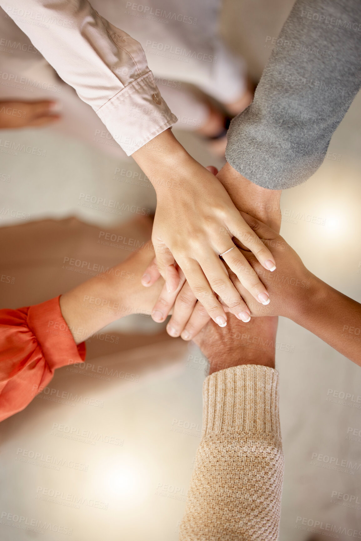 Buy stock photo Team building, top view or hands in meeting together on a business or group project for motivation. Diversity, mission or employees in collaboration for our vision, strategy planning or target goals 