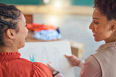 Buy stock photo Happy people, sketch or fashion meeting for planning clothing, paper or boutique clothes with teamwork together. Creative designers talking, speaking or working on group ideas or strategy back view