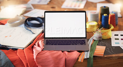 Buy stock photo Mockup, design and a laptop screen for fashion, maunfacturing and clothing tailoring. Creative, blank and computer on a table for creativity, clothes ideas and styling for a dressmaker or designer