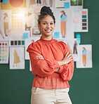 Portrait smile, woman and fashion designer with arms crossed in design studio. Creative, happy professional or confident female entrepreneur, tailor or seamstress from Brazil in workshop for clothing