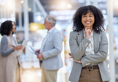 Buy stock photo Business woman, portrait and smile of motivation, empowerment and confident project manager. Happy young female employee standing in company for happiness, pride or professional career in busy office