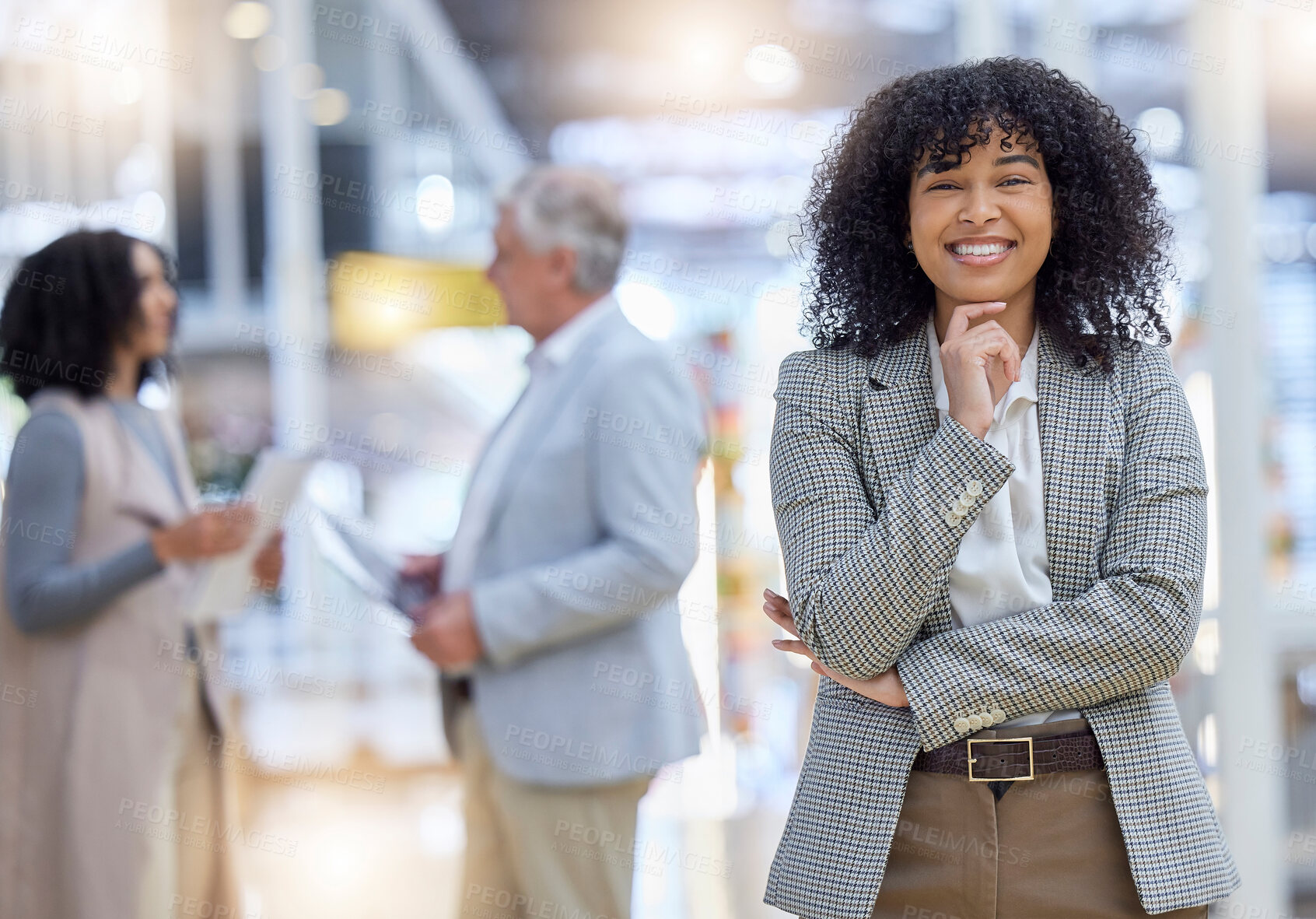 Buy stock photo Business woman, portrait and smile of motivation, empowerment and confident project manager. Happy young female employee standing in company for happiness, pride or professional career in busy office