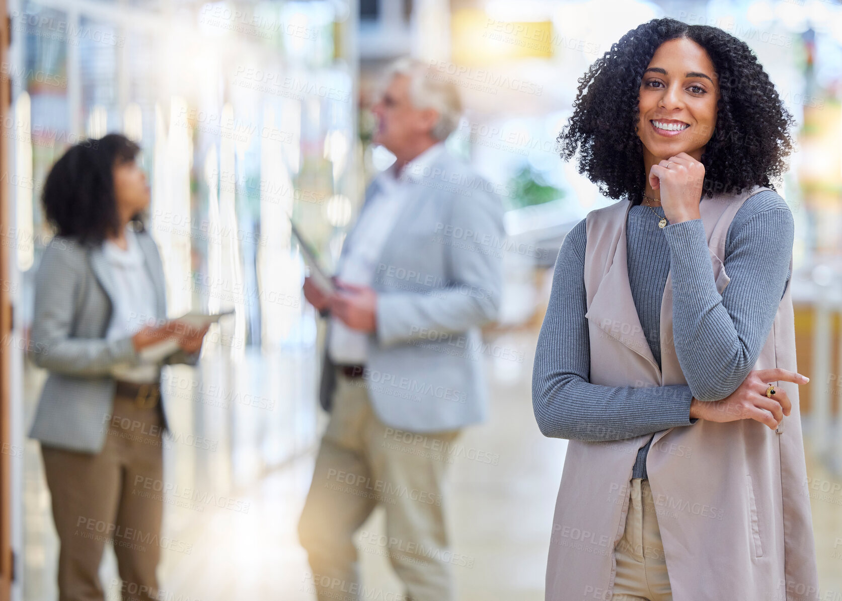 Buy stock photo Business, woman and portrait with smile for empowerment, motivation and professional project manager. Happy young female employee standing in company for happiness, pride or confidence in busy office