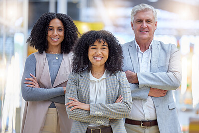 Buy stock photo Portrait, diversity and happy business people with arms crossed for teamwork, trust or startup partnership. Group, employees and smile of motivation, collaboration or pride about us in global company