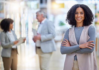 Buy stock photo Business, woman and portrait with arms crossed, smile and motivation of professional management. Happy young female employee standing in company for happiness, pride and confidence in busy startup 