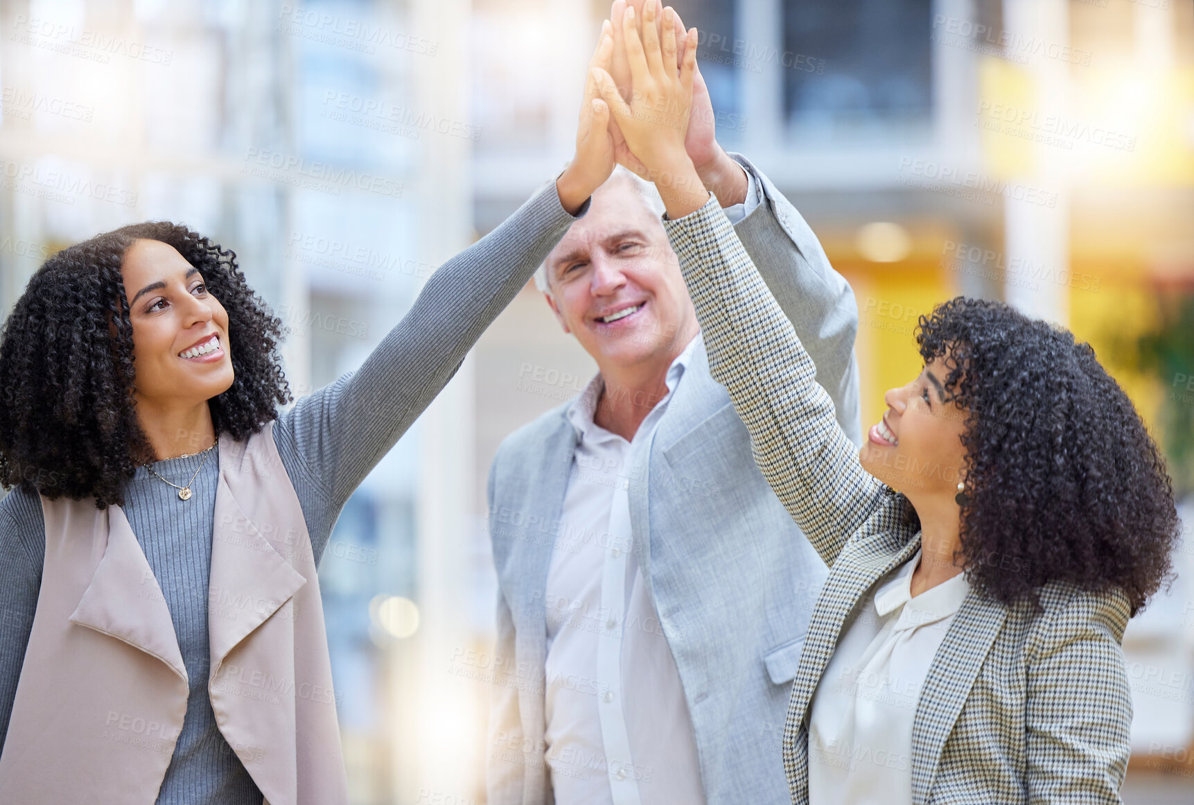 Buy stock photo High five, diversity business people and hands in office for teamwork, motivation and collaboration. Excited group of employees, smile and join hand in company for success, winning deal and celebrate