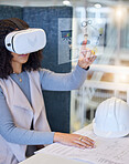 Woman, VR and construction with blueprint in planning, UI or UX for project strategy or hologram at the office. Female architect touching virtual interface in architecture for floor plan or metaverse