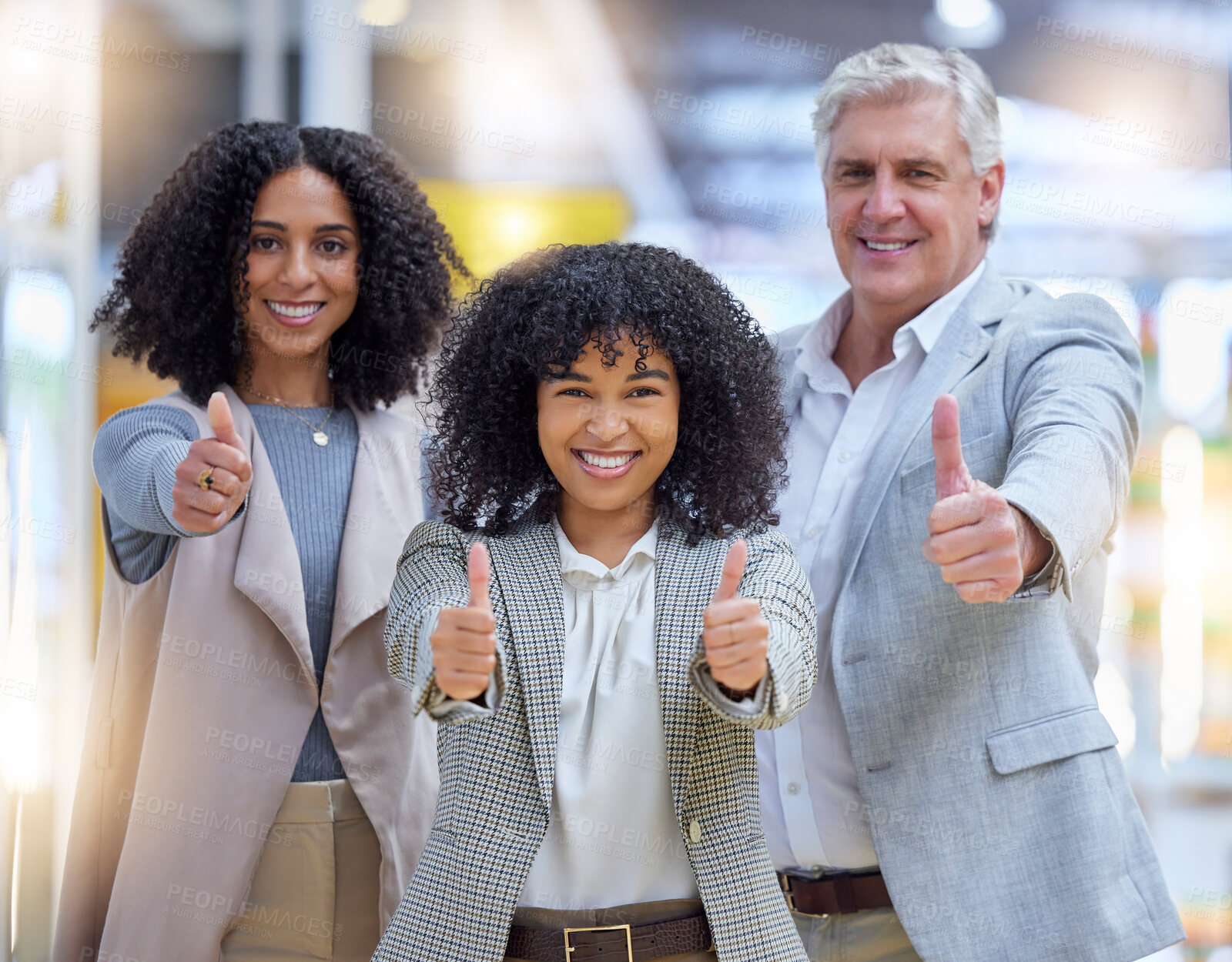 Buy stock photo Thumbs up, hands and portrait of business people smile for yes review, thank you and trust. Diversity, employees and thumb gesture for support, like emoji and team motivation of agreement, ok or vote