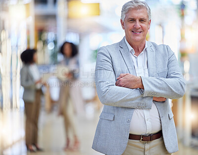 Buy stock photo Business, happy man and portrait with arms crossed of manager, leadership experience and trust with smile. Mature executive CEO standing in company for happiness, corporate motivation and office boss