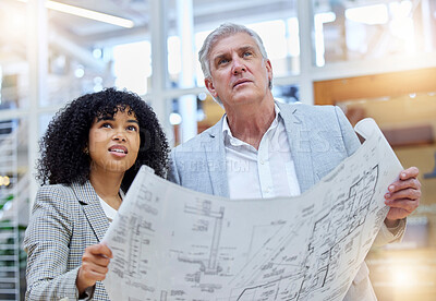 Buy stock photo Collaboration idea, blueprint and diversity architect teamwork on real estate property, architecture engineering or project. Partnership, strategy and confused people planning remodeling development