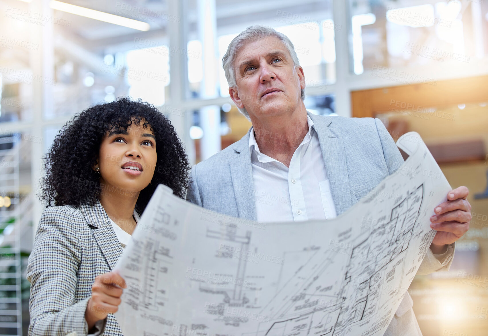 Buy stock photo Collaboration idea, blueprint and diversity architect teamwork on real estate property, architecture engineering or project. Partnership, strategy and confused people planning remodeling development