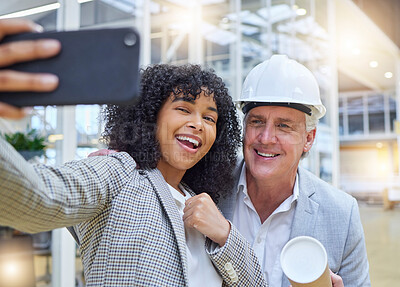 Buy stock photo Architect selfie, diversity and happy team with memory picture of architecture engineering partnership. Collaboration, teamwork and people at property project, real estate development or office site