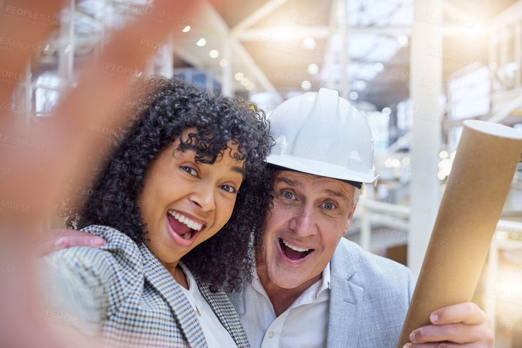 Buy stock photo Selfie, engineer and employees excited, success and new project with smile, celebration and work target. Portrait, male architect and black woman with happiness, corporate deal and goals for company