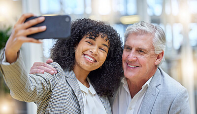 Buy stock photo Selfie, smile and colleagues or business people taking a picture in an office  feeling happy for a partnership. Online, about us and woman takes photo with man to update startup company social media