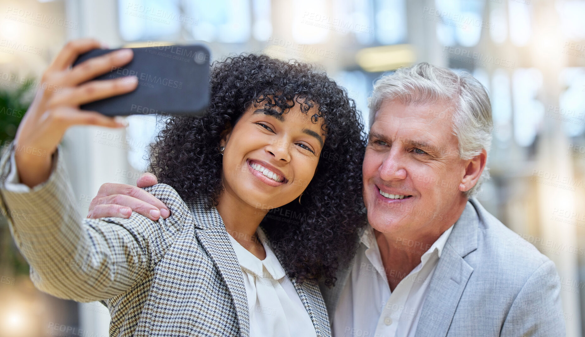 Buy stock photo Selfie, smile and colleagues or business people taking a picture in an office  feeling happy for a partnership. Online, about us and woman takes photo with man to update startup company social media