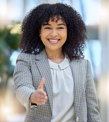 Buy stock photo Handshake, offer and hello of business woman, portrait and networking of HR hiring deal. Happy female manager stretching for shaking hands, recruitment and welcome to partnership, trust and thank you
