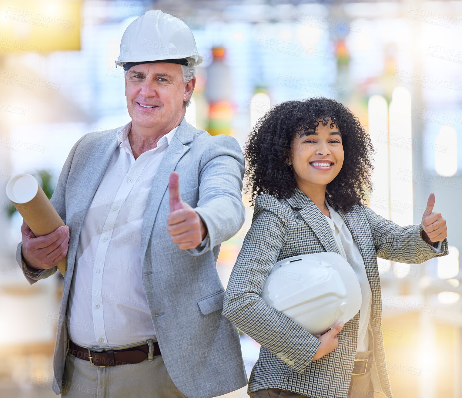 Buy stock photo Architect partnership, team portrait and thumbs up for job well done, real estate development satisfaction or agreement. Diversity, emoji gesture and happy people finished with architecture teamwork