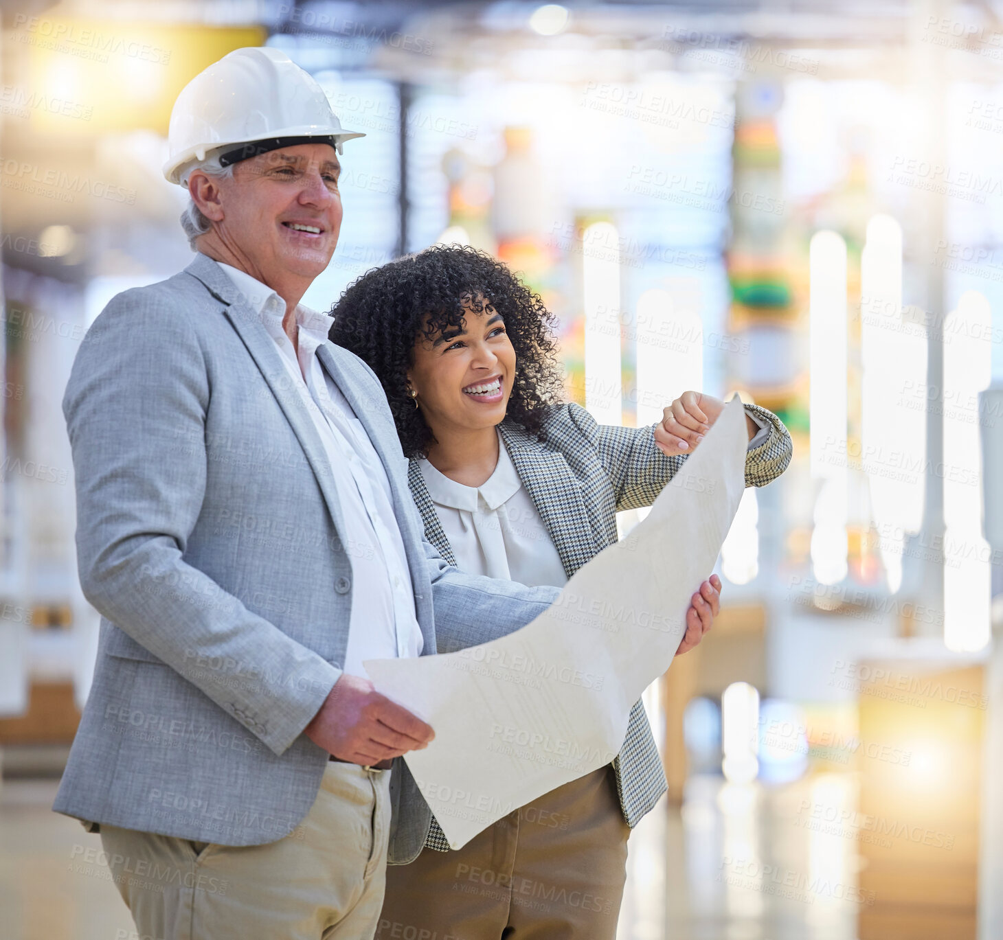 Buy stock photo Man, woman and smile for construction, blueprint development and planning building design. Happy team, diversity and engineering collaboration for project management, infrastructure and architecture