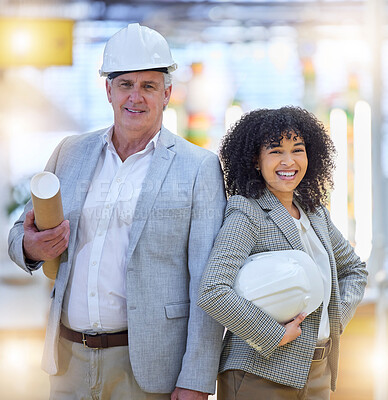 Buy stock photo Man, woman and smile of portrait in construction development, building industry or architect company. Happy teamwork, diversity and engineering collaboration for project management, support or design