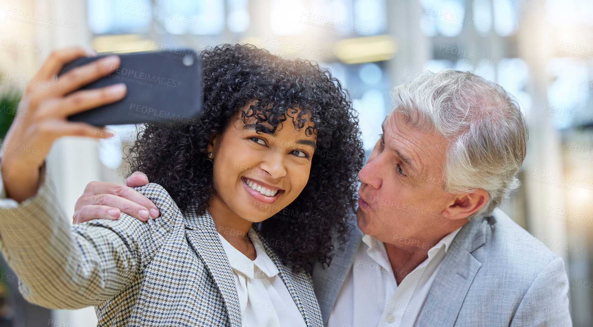 Buy stock photo Selfie, friends and employees with smile, funny and success in office, teamwork and motivation. Coworkers, happy consultants and agents with happiness, smartphone and share post for inspiration