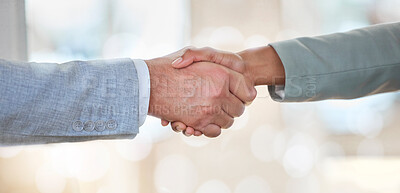 Buy stock photo Handshake, deal and business people with a welcome meeting, thank you and support. B2b, together and employees shaking hands for success, achievement and agreement about corporate onboarding