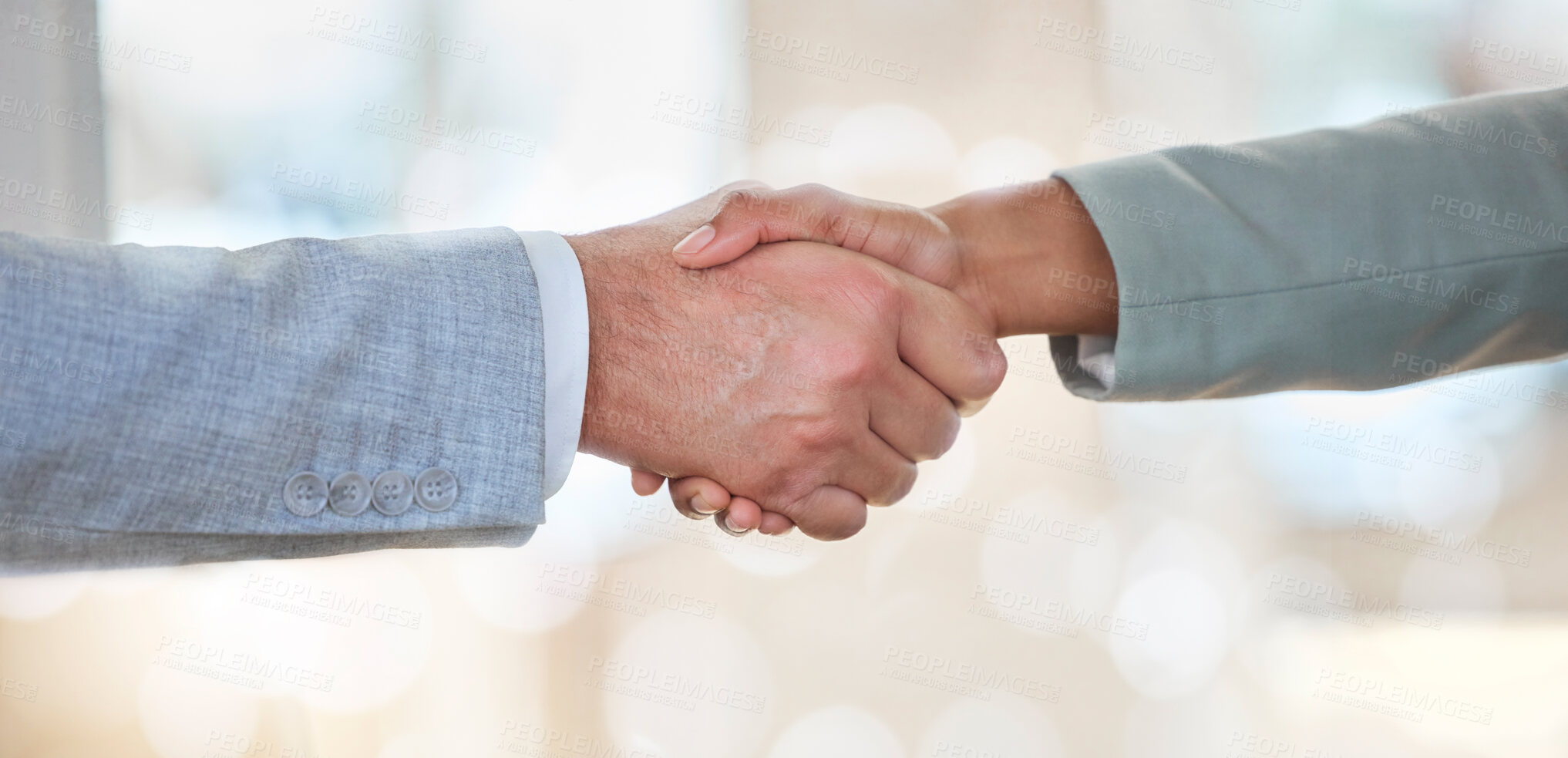 Buy stock photo Handshake, deal and business people with a welcome meeting, thank you and support. B2b, together and employees shaking hands for success, achievement and agreement about corporate onboarding