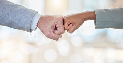 Buy stock photo Business people, fist bump and partnership in collaboration for meeting, trust or unity at the office. Team bumping hands for corporate teamwork, success or agreement in deal, greeting or support