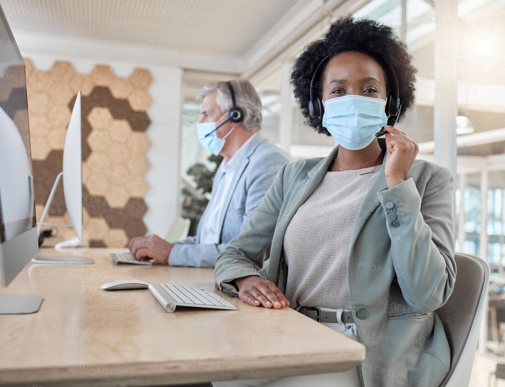 Buy stock photo Portrait, call center and woman with covid compliance, face mask and job safety in office workspace. African telecom agent, consultant or person with health advice, insurance and virtual tech support