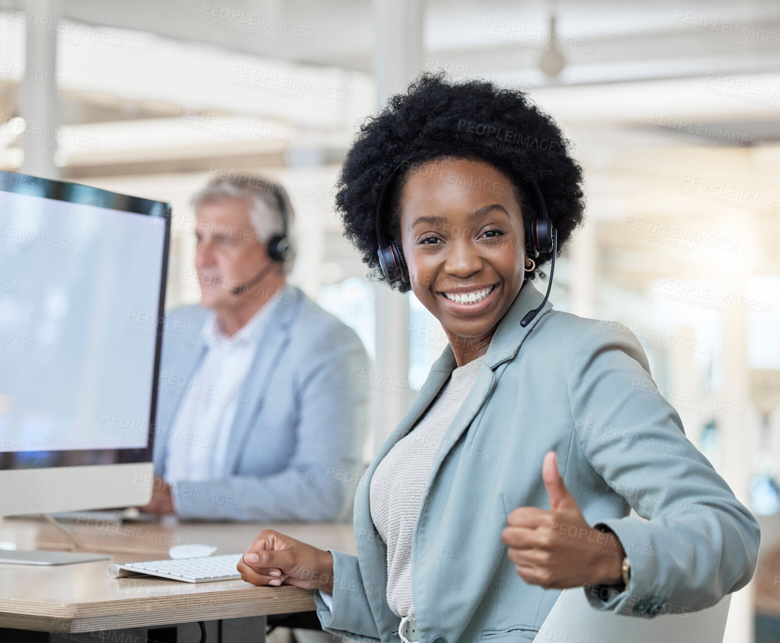 Buy stock photo Happy, portrait and black woman in a call center with a thumbs up for online support and thank you. Smile, success and African customer service worker with an emoji hand gesture for achievement