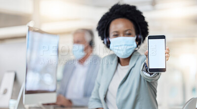 Buy stock photo Call center, phone and woman face mask with mockup for covid compliance, safety and health mobile app. African telemarketing agent, consultant or person portrait and cellphone screen or mock up space